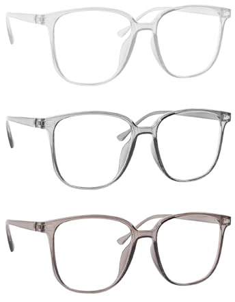 GOSHIES 3 Stück Blaulicht Brille Fake Brille Transparent Schutzbrille Brillenfassung Brille ohne stärke Computerbrille Eckig Rahmen Große Gläser für Damen Herren