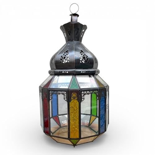 Lanterna Marocchina in Vetro e Metallo Traforato a Mano, Portacandele, 30x30x60 cm, per Interni ed Esterni