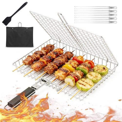 Grillkorg, fiskbryggare, stora vikbara grillkorgar i rostfritt stål med avtagbart handtag, fiskgrillgaller med bakpensel, trädgårdsfest fiskgrillhållare för fisk, grönsaker, kött