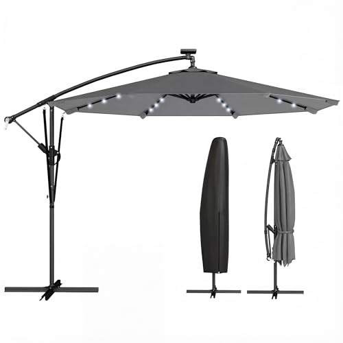 Outsunny Parasol Excéntrico con Luces LED Solares Ø330 cm Gris Oscuro