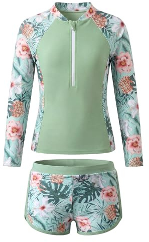 Keyck Traje de Baño Niña 2 Piezas Manga Larga Top con Cremallera y Pantalones Cortos, UV Protección Solar Rash Guard Secado Rápido Bañador Playa Piscina para Niños 9-10 Años, Verde