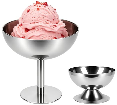 HJ-fuzhou Lot de 2 coupes à glace, en acier inoxydable, réutilisables, argentées, avec pied, pour cocktail, crème glacée, sundae, à dessert (1 x pieds courts de 180 ml + 1 x pieds hauts de 240 ml de