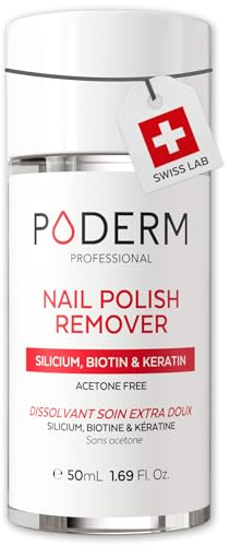 PODERM Solvente Extra Delicato Senza Acetone per Unghie Sensibili - 50 ML | Rimuove gli Smalti Intensi dalla Prima Passata | Fito-Cheratina, Biotina & Silicio | Creato da un Podologo