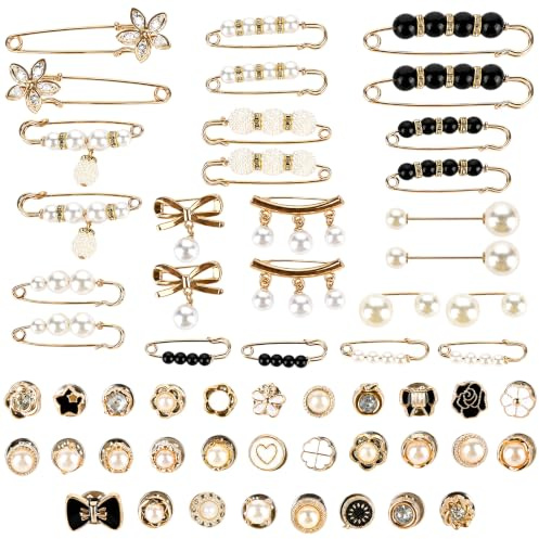 56 Stück Broschen für Kleidung, mit Knöpfe, Perlen Strass Design | Multi-Size, Ausschnitt Verkleinern, Brosche Damen, Ohne Nähen, für Pullover, Schal, Hosen, Kleid, Hut, DIY Dekoration