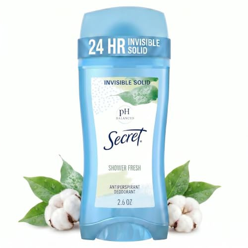 Secret Antiperspirant and Deodorant for Women, Invisible Solid Deodorant, 24 Hour Sweat and Odor Protection, pH Balanced, Gentle on Skin, Deodorant Stick for Women, Shower Fresh Scent, 2.6 oz