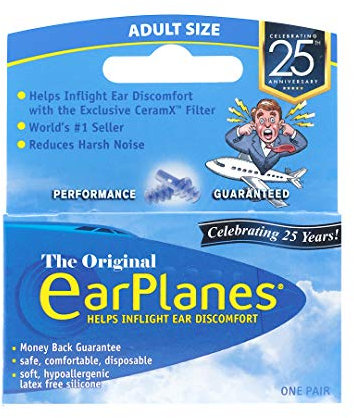 EarPlanes Original Earplugs for Adults, Pressure Filtering Protection for Airplane Travel (3 Pairs)