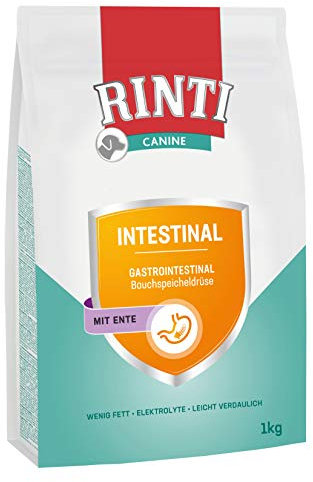 RINTI - Canine Intestinal | Leicht verdauliches Diät Trockenfutter für ausgewachsene Hunde mit gastrointestinalen Problemen. Alleinfutter mit erhöhtem Elektrolytgehalt im Beutel | 4x1kg Ente