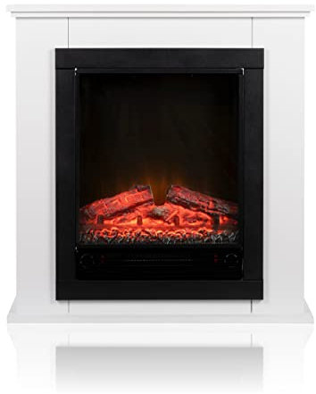 Classic Fire Lugano Camineo Elettrico - Caminetto Elettrico con Riscaldamento, Pannello di Controllo e Timer - Stufa Elettrica con Fiamme LED - 1800W - Libera Installazione - Bianco