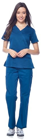 Dagacci Medical Uniform Women's Scrubs Set Stretch Ultra Soft Y-Neck Wrap Top and Pants Caribbean S