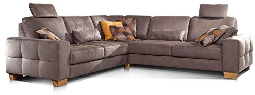 Cavadore Ecksofa Puccino mit Federkern, Schlaffunktion, verstellbaren Sitztiefen und 2 Kopfstützen / Couch gleichschenklig in L-Form im Landhausstil / 276 x 86 x 271 cm / Mikrofaser hellbraun