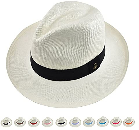 Genuine Panama Hat - Classic Summer Fedora - Black Band - Toquilla Straw - Handwoven in Ecuador (White, Large)