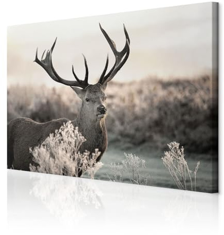 decomonkey Bilder Hirsch 120x80 cm 1 Teilig Leinwandbilder Bild auf Leinwand Vlies Wandbild Kunstdruck Wanddeko Wand Wohnzimmer Wanddekoration Deko Natur Tiere Landschaft