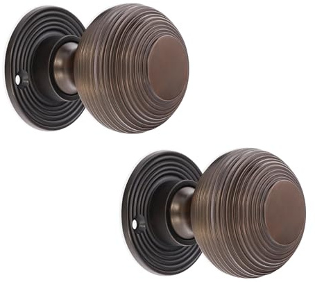 Infinity Decor Antique Style Beehive Reeded Pair Mortice Door Knob Brass - Bronze - Nickel 50mm (Aged Bronze)