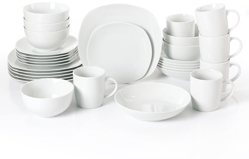 30pc Waterside White Porcelain Dinner Set; 6 Square Dinner Plates, 6 Square Side Plates, 6 Shallow Bowls, 6 Deep Bowls and 6 Barrel Mugs - Dishwasher & Microwave Safe