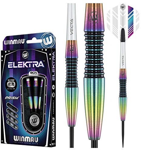 WINMAU Elektra 90% volframstålspetspilar med prismaflights och Vecta-axlar (stammar) 22 gram – urbant grepp – matchvikt – strömlinjeformad torpedoprofil