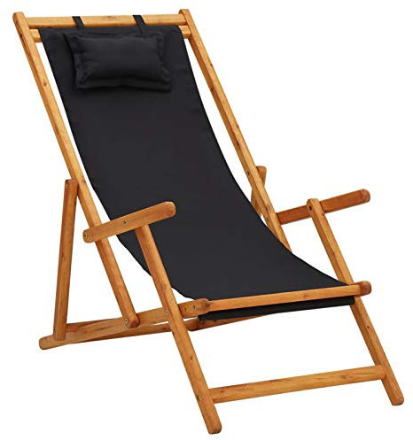 Tidyard klappbar Holz-Strandstuhl Liegestuhl Campingstuhl Mit Kissen ,Gartenliege Sonnenliege Faltliege Strandliege Klappstuhl In 3 Positionen einstellbar,Massives Eukalyptusholz,Schwarz