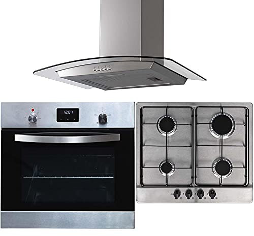 SIA SO114SS 60cm Stainless Steel Digital Electric Single True Fan Oven, SSG602SS 4 Burner Gas Hob with Enamel Pan Stands & CGH60SS Curved Cooker Hood