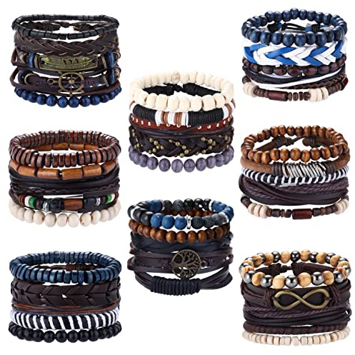 KALVICA 40 Piezas Pulseras De Cuero Trenzado para Hombre Mujer Pulsera Vintage Multicapa Brazalete de Cuentas de Madera Pulsera árbol de la Vida Ajustable