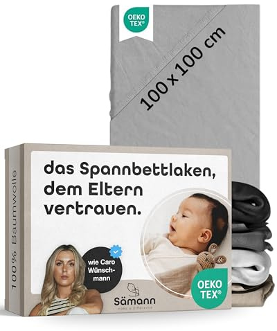 Sämann Jersey Spannbettlaken Spannbetttuch für Laufgitter 100x100 cm, Baumwolle grau