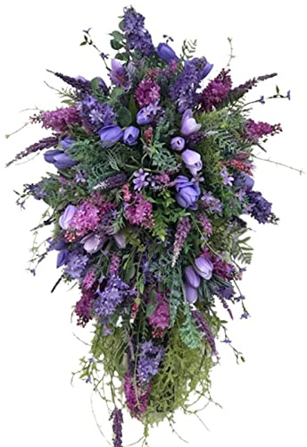 QSDGFH Spring Summer Teardrop Swag for Front Door, 23.6 inches Long Artificial Flowers Purple Tulip Swag, Faux Summer Wreath for Home Wedding Party Porch Decor
