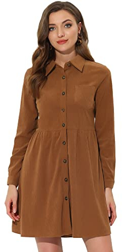 Allegra K Vestido Camisero de Manga Larga para muñeca de Trabajo con Cuello Abotonado de Pana para Mujer marrón XS