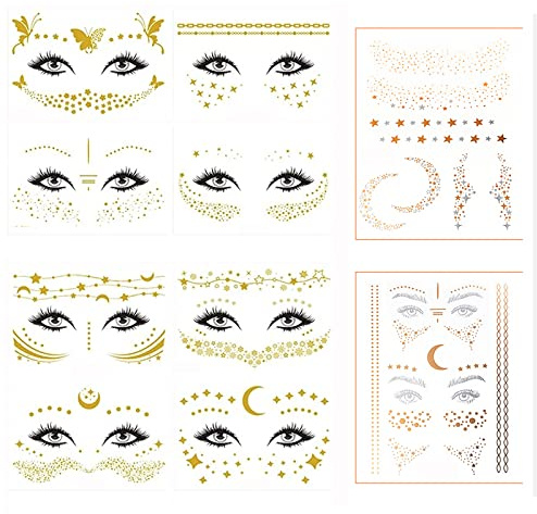 Nirbffo 10 Blätter Stern Mond Goldene Gesichts Aufkleber Wasserdicht Temporäre Gesichts Tattoos Festival Aufkleber Gesichts Glitzer für Make-up-Augen-Aufkleber