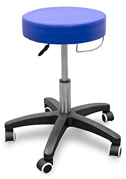 QUIRUMED Taburete con Base rodable y Soporte de Toalla, Color Azul, Polipiel, Relleno de Alta Densidad, Ligero, con Ruedas, Altura Regulable, hasta 150 kg