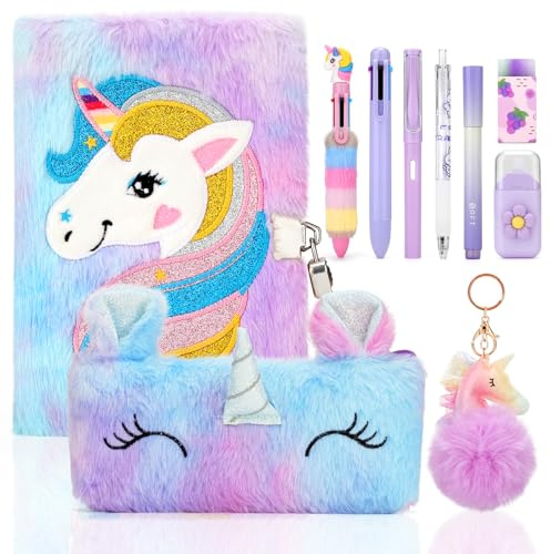 TOYESS Journal Intime Fille avec Cadenas, Licorne Carnet Secret Fille, Trousse à Crayons Licorne, Porte-clés en Peluche, Stylos à Bille en Peluche 6 Couleurs, Kawaii Papeterie, Cadeau Fille, Violet