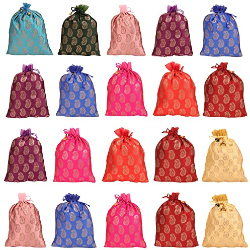 Touchstone Drawstring Bags Tradizionale indiano realizzato a mano in tessuto broccato. Perfette per regali, gioielli e matrimoni. Set di 20 sacchetti multicolori e vivaci, borse e portamonete Potli.