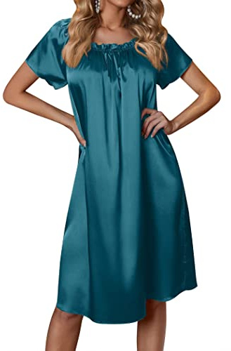 Ekouaer Women's Satin Silk Pleated Nightgown Loose Sleepwear Printed Nightshirt Short Sleeve Sleep Dress Blue Green