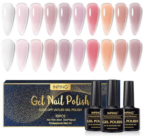 INPING Semi permanent transparent rosa lack 10 färger UV gel 8 ml | Jelly Nude Pink Purple Clear White Milky Lack UV Gel Semi-Permanent för nybörjare fransk manikyr DIY nagelkonst