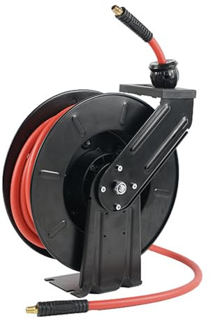 BHTOP Air Hose Reel 50 Ft Retractable Air Compressor Hose Reel with 5 Ft Lead in Max 300 PSI Patented Design，3/8 in Retractable Hybrid Hose Reel for Any Length Lock 180°Swivel Bracket Quick Coupler