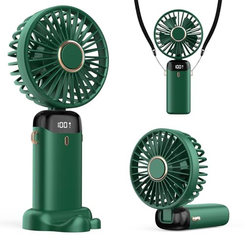 Refluxe Portable Handheld Fan, 4200mAh USB Fan with LED Display, 3-in-1 Handheld/Neck/Desktop Fan, 90° Adjustable Foldable, for Summer, Office, Bedroom, Travel, Gifts for Adult & Kid (Green)