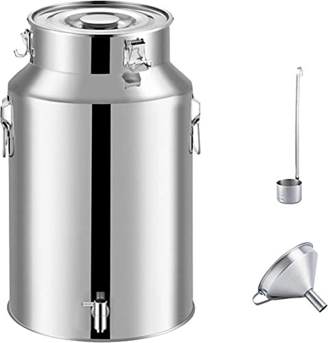 Stainless Steel Milk Churn Can Jug Canister with Spigot Dispenser - Wine Pail Bucket Sealed Milk Cream Transportation Container with Funnel and Wine Spoon Milk Tank (A 64L)