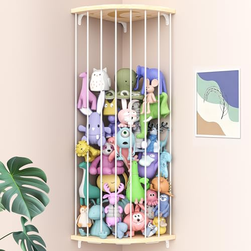 Zayysoha Corner Stuffed Animal Storage Zoo, Large Adjustable Solid Wood Plush Toy Organizer, Hanging Stuffie Holder Shelf & Cage with Engraved Dinosaur Star Moon for Kids Nursery Playroom