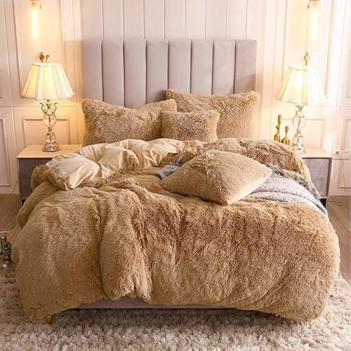Sedefen Plüsch Bettwäsche 200x220cm Khaki Langhaar Flauschig Flanell Biber Bettbezug Winter Warme Cashmere Touch Coral Fleece Winterbettwäsche mit Reißverschluss und 2 Kissenbezug 80x80cm