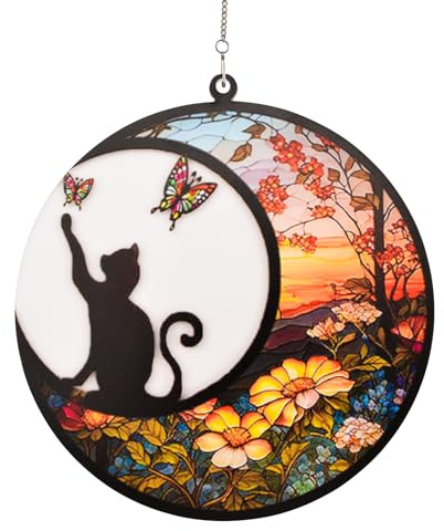 HACRAHO Vitral Colgante para Ventana, 1 Paquete de atrapasueños de Gato Negro en la Luna, decoración de vidrieras, Regalos conmemorativos de Gatos
