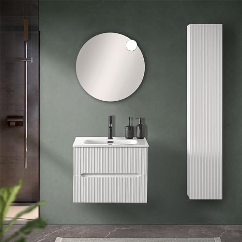 Inbagno Mobile Bagno sospeso cannettato 60 cm Bianco Opaco con 2 cassetti Soft-Close, lavabo in Ceramica e Specchio Tondo a Filo 60 cm, Bali