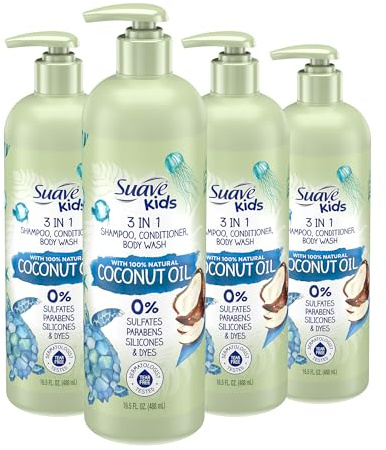 Suave Kids Natural Coconut Oil 3-in-1 Tear Free, Body Wash, Shampoo and Conditioners, No Sulfates, No Parabens, No Silicones, No Dyes, 16.5 Oz Pack of 4