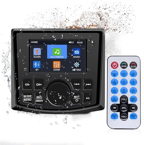 Geloo FM/Am Radio Barco Stereo Marina, MP5 Player Radio Receptor Estéreo Marino con Digital Pantalla LED de 4“, Película HD para Estéreo Barcos, Yates, Marinos, Cámper