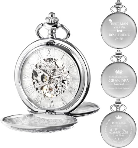 TREEWETO Orologio da tasca meccanico personalizzato inciso scheletro doppio guscio numeri romani quadrante personalizzato con scatola e catena da uomo regalo per papà figlio, Argento, Classico