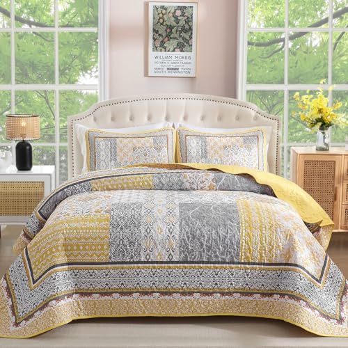 WONGS BEDDING Yellow Quilt Set Queen,Bohemian Patchwork Bedspread Coverlet Set, Reversible Boho Floral Pattern Bedspreads Bedding Quilt Set for All Seasons (96x90)