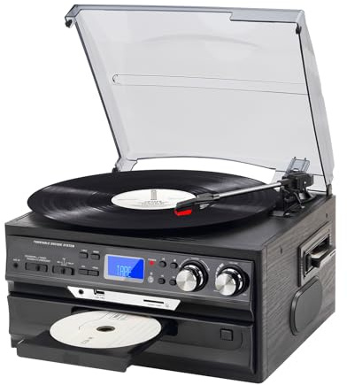 GOLDSHIP Giradischi 9 in 1, giradischi a 3 velocità in vinile con Bluetooth, vintage, lettore CD/cassette, radio AM/FM, USB/SD/Aux-in/RCA Line-Out