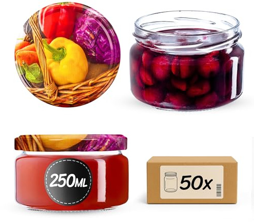 KADAX Set di 50 vasetti per marmellata in vetro 250ml Ø82 – tappo a vite ermetico, per marmellate, miele, confetture e bomboniere