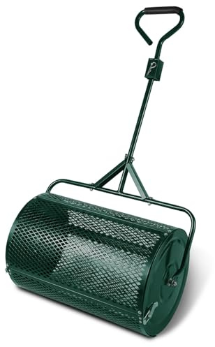 ISOISL Kompostströare 61 x 40 cm, utsädeströare 75 l, trädgårdsströare för trädgårdsgräsmatta, torvspridare med böjt handtag, torvmossströare för kompost, gödsel och kalk, grön