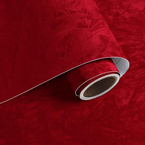 VaryPaper Self Adhesive Red Velvet Fabric Wallpaper 40cmx200cm Red Textured Fabric Contact Paper for Funiture Sticker Velvet Flocking Liner for Jewelry Boxes Dresser Shelf Liner Cupboard Vinyl Wrap