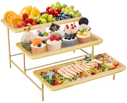 Lifewit Etagere 3 Etagen, Bambus Servierplatte 35,5 x 16,5 cm, Gold | Serviertablett mit goldem Metallständer für Party Buffet Zubehör, Große Tabletts Displayständer für Gemüse Obst Desserts