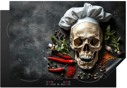 KitchenYeah© Herdabdeckplatte Induktion Schutzmatte Küche Herdabdeckung | 78x52 cm - Ceranfeld Induktionsmatte Cerankochfeld Abdeckung Skelett - Kräuter - Schädel - Koch