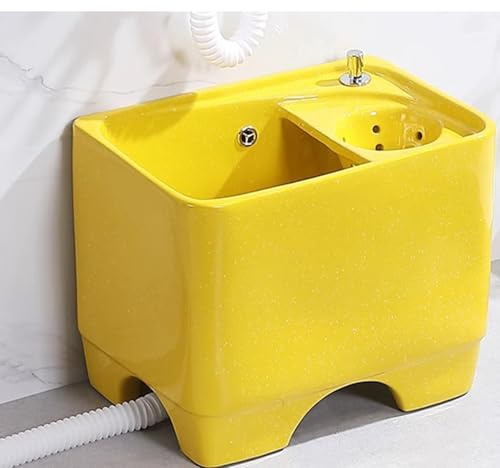 GRIPITHPY Colorful Floor Ceramic Mop Sink, Standing Mop Service Basin with Drain Button and Drainage Basket, Heavy Duty Utility Sink for Balcony, Bathroom, Courtyard(20 D x 14 W x 16 H, Yellow)