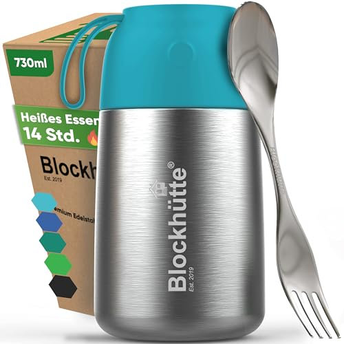 Blockhütte Thermal Lunch Box for Adults 730ml Stainless Steel | Thermal Food Flask with Spork | BPA Free Soup Flask for 14h Hot Meals Dishwasher Safe | for Porridge and Meal Prep – Turquoise
